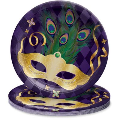 Amscan Luxurious Multicolor Round Paper Mardi Gras Masquerade Plates - 9" (Pack of 8) - Durable & Vibrant Plates - Perfect for Mardi Gras Festivities