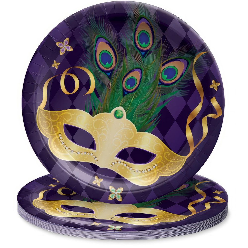Amscan Luxurious Multicolor Round Paper Mardi Gras Masquerade Plates - 9" (Pack of 8) - Durable & Vibrant Plates - Perfect for Mardi Gras Festivities