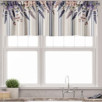 Ambesonne Lavenders Window Valance Pack of 2, Modern Vertical Stripes Back with Romance Farmhouse Floral and Leaves, Rod Pocket Curtain Valances Kitchen Bedroom, 42" X 18",Camel Lavender Beige