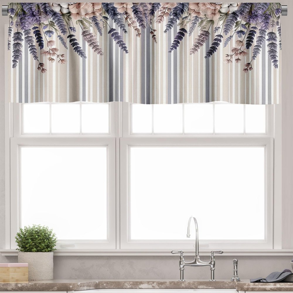 Ambesonne Lavenders Window Valance Pack of 2, Modern Vertical Stripes Back with Romance Farmhouse Floral and Leaves, Rod Pocket Curtain Valances Kitchen Bedroom, 42" X 18",Camel Lavender Beige