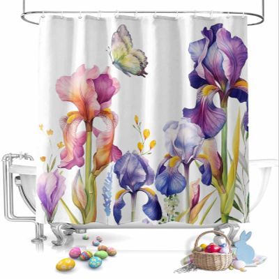 Easter Shower Curtain Iris Flower Butterfly Shower Curtains for Bathroom Decor Floral Leaves Branch Purple Bath Curtains Sets for Spring Easter Bathroom Decor Fabric Waterproof Extra Long 72" X 78"