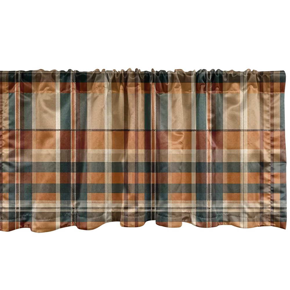 Ambesonne Autumn Plaid Window Valance Pack of 2, Fall Harvest Traditional Buffalo Tartan Lines Thanksgiving Art, Rod Pocket Curtain Valances Kitchen Bedroom, 54" X 12",Orange Tan Grey Teal