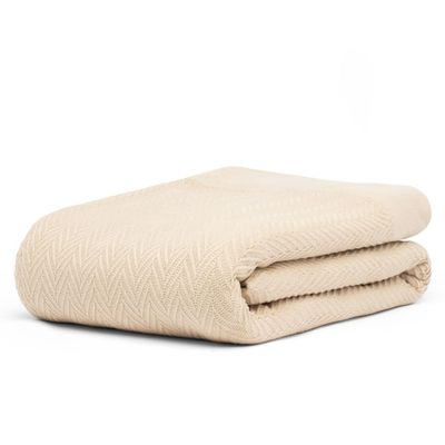 9Threads Queen Size Multipurpose Blanket, 100% Extra Long Staple Cotton, Soft & Breathable Herringbone Weave, Beige, Lightweight, Machine Washable, All-Season Throw Blanket for Bedroom & Travel