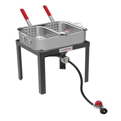 Gas One Double Fryer with 2 Baskets Propane Burners for Outdoor Cooking Heavy Duty 18Qt Aluminum Pot Outdoor Deep Fryer with Cast Iron Burner Propane Deep Fryer with Thermometer