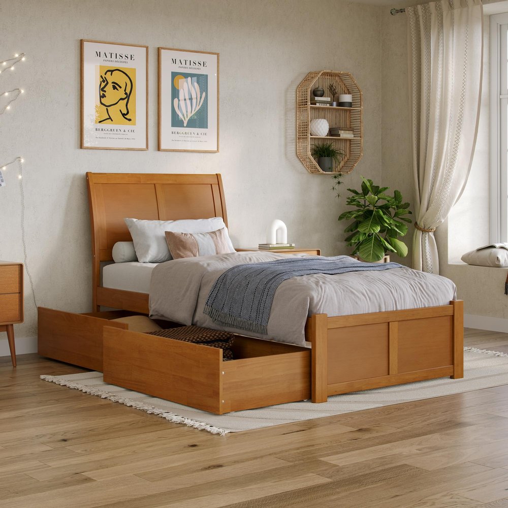 AFI Portland Twin XL Solid Wood Platform Bed with Footboard & Storage Drawers in Light Toffee