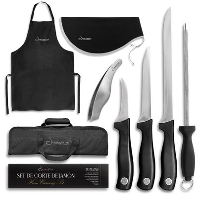 Iberico Ham Set with Ham Carving Knife, Boning Knife, Paring Knife, Knife Steel, Apron, Cover and Jamon Serrano Tongs - Slicing Knife for Meat Cutting - Chef Knife Set With Bag - Serrano Ham Knife