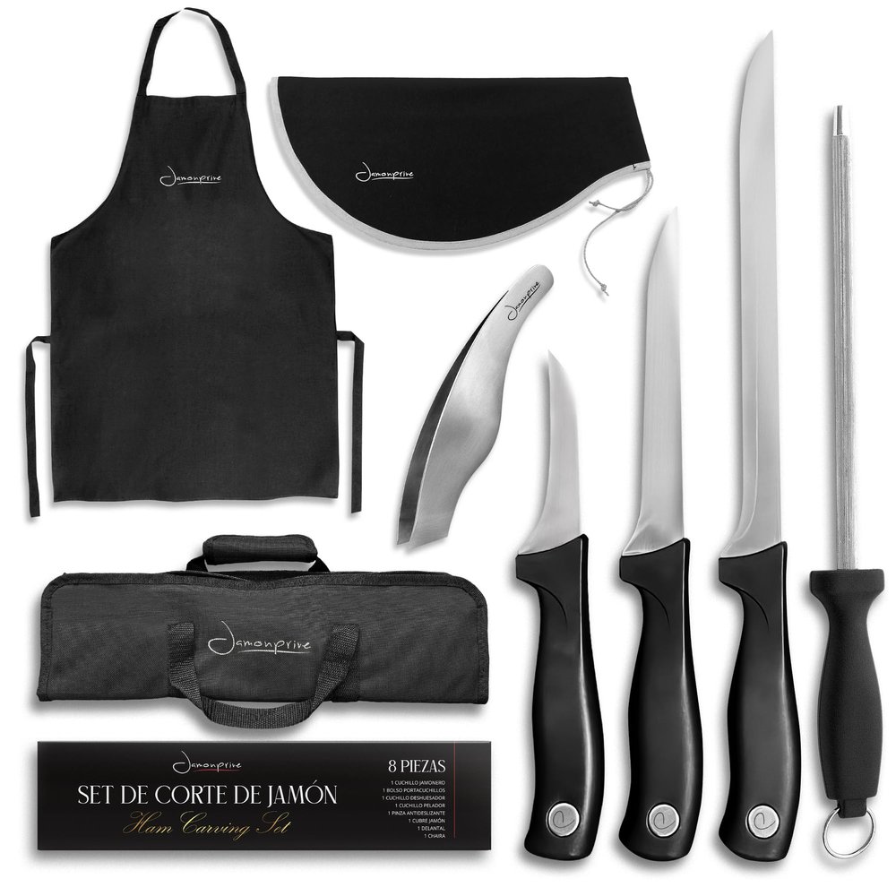 Iberico Ham Set with Ham Carving Knife, Boning Knife, Paring Knife, Knife Steel, Apron, Cover and Jamon Serrano Tongs - Slicing Knife for Meat Cutting - Chef Knife Set With Bag - Serrano Ham Knife