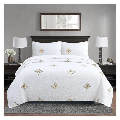 ADovz White Yellow 100% Cotton Quilted Bedspread Luxury Gold Embroidery Quilt Set King Queen Size 3PCS Bohemian Coverlet Pillowcases,Bed Sheets