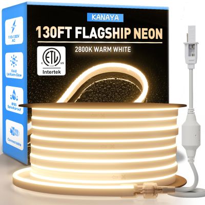KANAYA 130ft Led Neon Rope Lights Warm White 2800K, ETL Listed 110-120V Lighting Strip IP65 Waterproof, Connectable and Cuttable, for Home Commercial Building Outdoor Indoor Decor