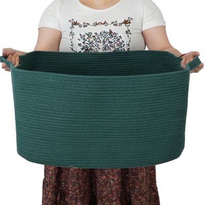 XUANGUO Large Rectangle Blankets Basket Living Room 22"x17"x12" Woven Cotton Rope Storage Basket for Nursery Toy Baskets for Kids and Dogs Wicker Laundry Baskets Bin for Clothes Towels dark green