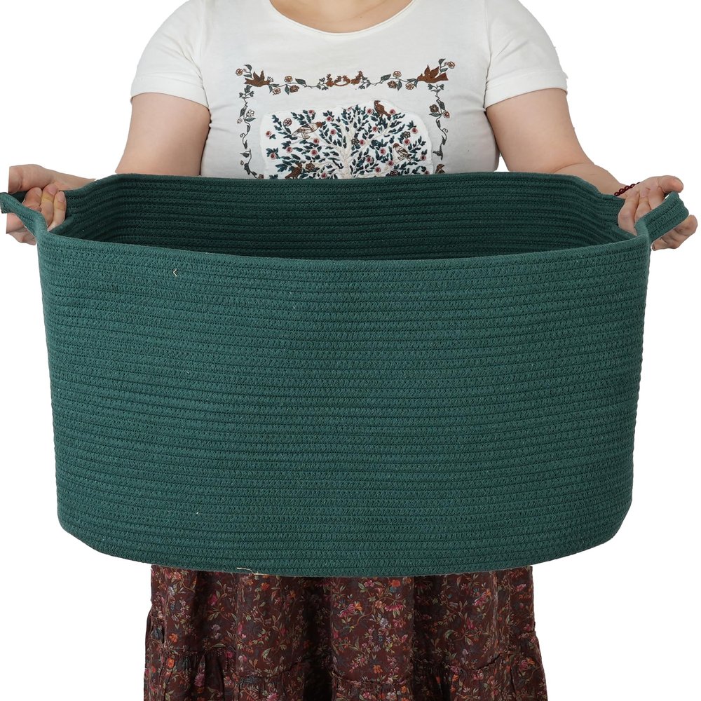 XUANGUO Large Rectangle Blankets Basket Living Room 22"x17"x12" Woven Cotton Rope Storage Basket for Nursery Toy Baskets for Kids and Dogs Wicker Laundry Baskets Bin for Clothes Towels dark green