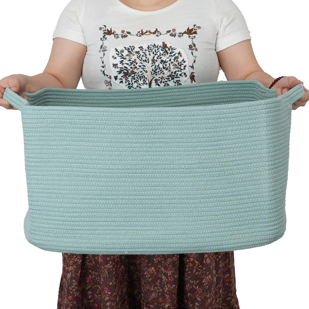XUANGUO Large Rectangle Blankets Basket Living Room 22"x17"x12" Woven Cotton Rope Storage Baskets for Nursery Toy Baskets for Kids and Dogs Wicker Laundry Basket Bin for Clothes Towels green