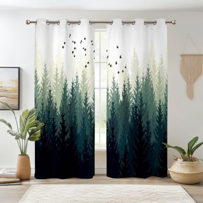 Renaiss Green Forest Blackout Curtains, Nature Wooland Room Darkening Curtains for Bedroom Grommet Top Pine Forest Mountain Window Drapes for Living Room, 53Wx96L inch 2 Panels Set