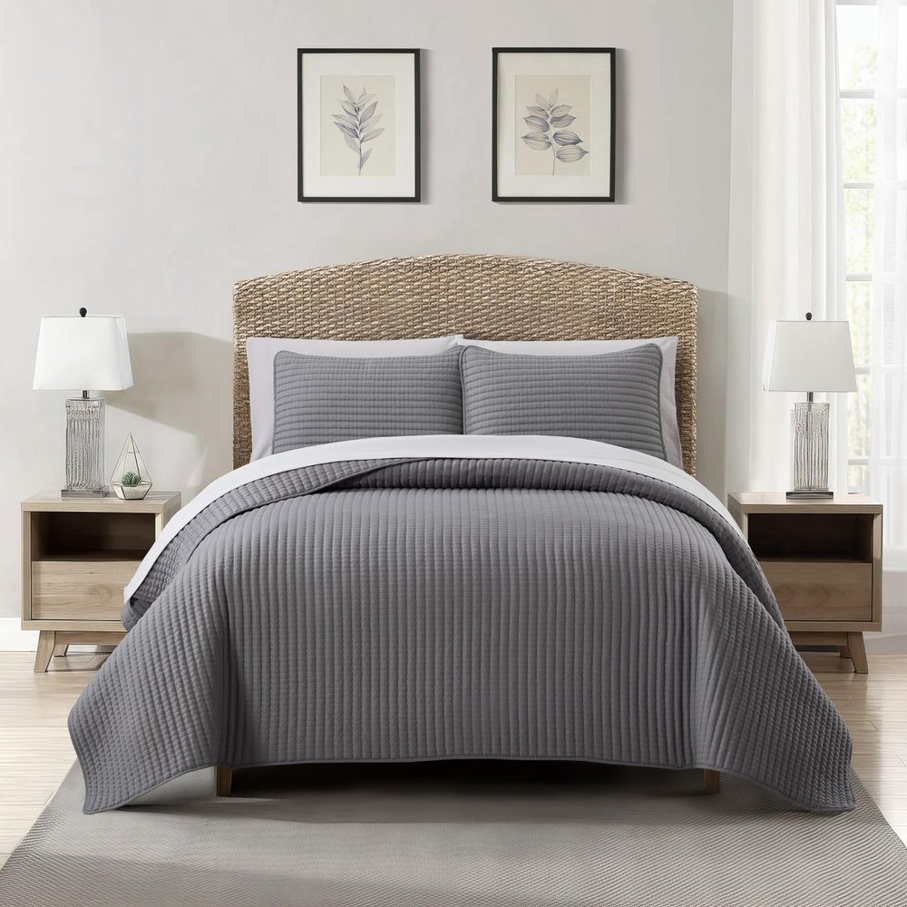 Stratford Park 7 Piece Quilt Set King Size, Solid Color, Gray Lightweight Bedspread Set, Matching Pillow Sham, Fitted Sheet, Flat Sheet, Pillow Case