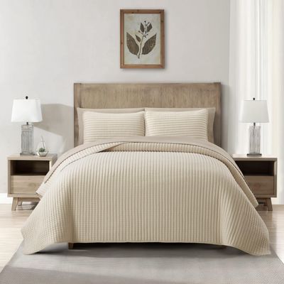 Stratford Park 7 Piece Quilt Set King Size, Solid Color, Beige Lightweight Bedspread Set, Matching Pillow Sham, Fitted Sheet, Flat Sheet, Pillow Case