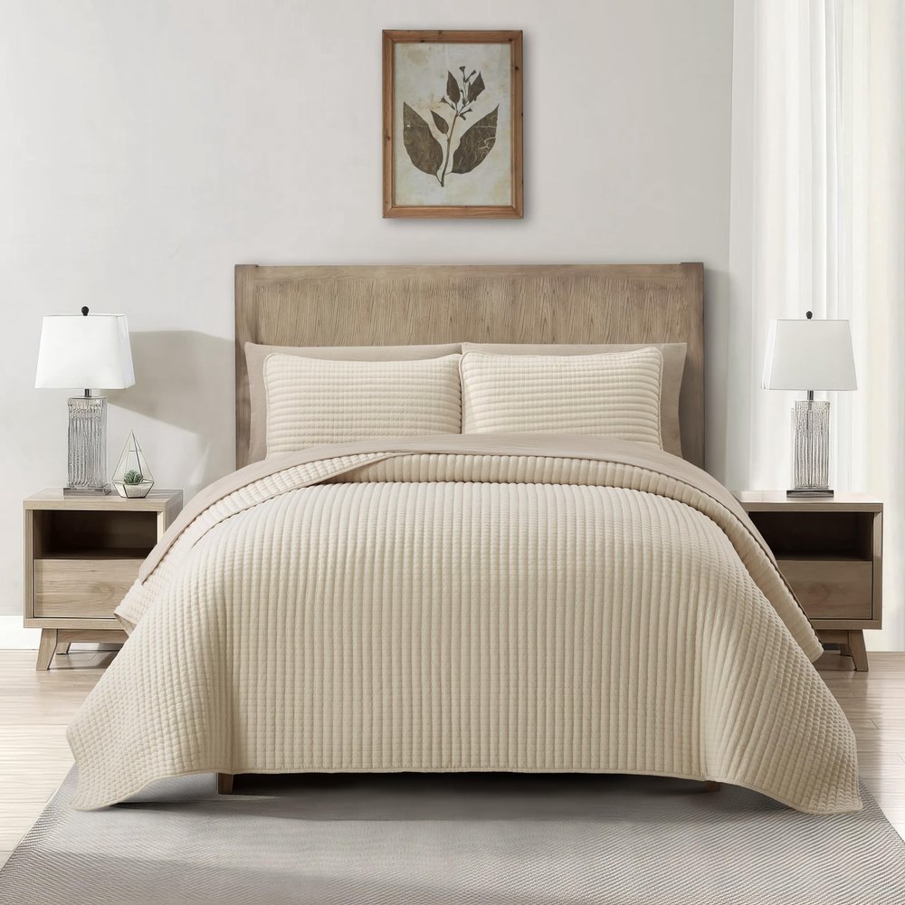 Stratford Park 7 Piece Quilt Set King Size, Solid Color, Beige Lightweight Bedspread Set, Matching Pillow Sham, Fitted Sheet, Flat Sheet, Pillow Case