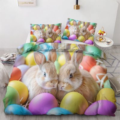 zcwl Easter Bunny Duvet Cover Cal King Size | Easter Egg Rabbit Bedding Set | 3 Piece | Soft Microfiber Patterned Comforter Cover with Zipper Ties & 2 Pillowcases | Easter Bedroom Decor