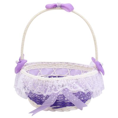 PRETYZOOM Flower Girl Baskets for Wedding Fairy Lace Bowknot Basket Flower Girl Proposal Easter Basket Decorative Storage Basket with Handle for Vintage Wedding Ceremony Purple