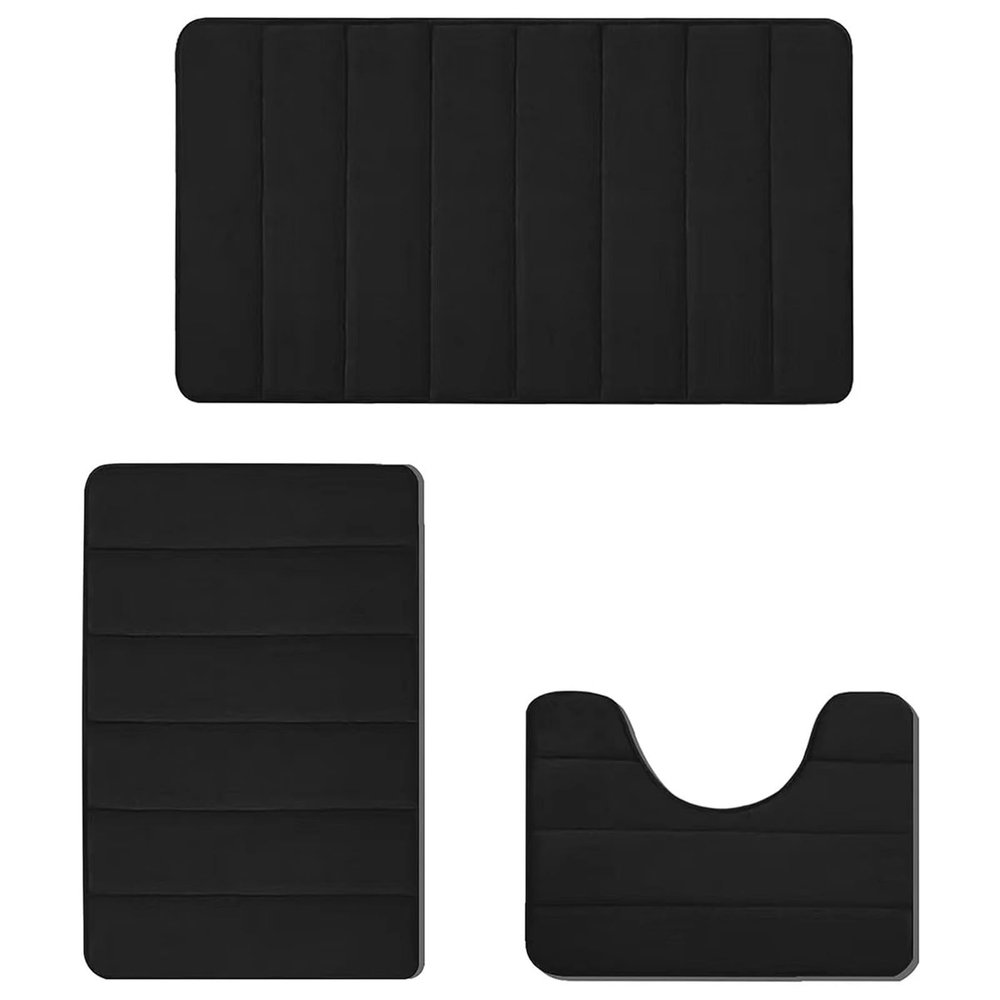 Memory Foam Bathroom Rugs Sets 3 Piece, Ultra Soft Non Slip Bath Rug, Toilet Mats, Washable Rug, Plush Bath Mats for Bathroom, Tub, Shower, Solid Color Toilet Floor Mat Machine Washable (Black)