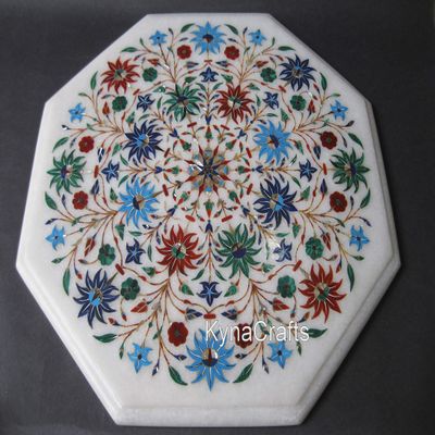15 x 15 Inches Octagonal Shape White Marble Coffee Table Multi Precious Stone Inlay Work Side Table for Office Furniture Decor