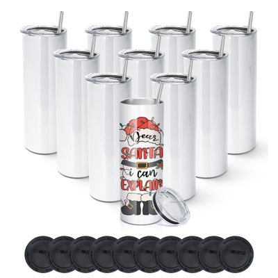 AGH 10 Pack 20 OZ Sublimation Tumblers Blank, Straight Skinny Tumbler with Metal Straw, Stainless Steel Double Layer Insulated Mug, Individually Box, Travel Tumblers