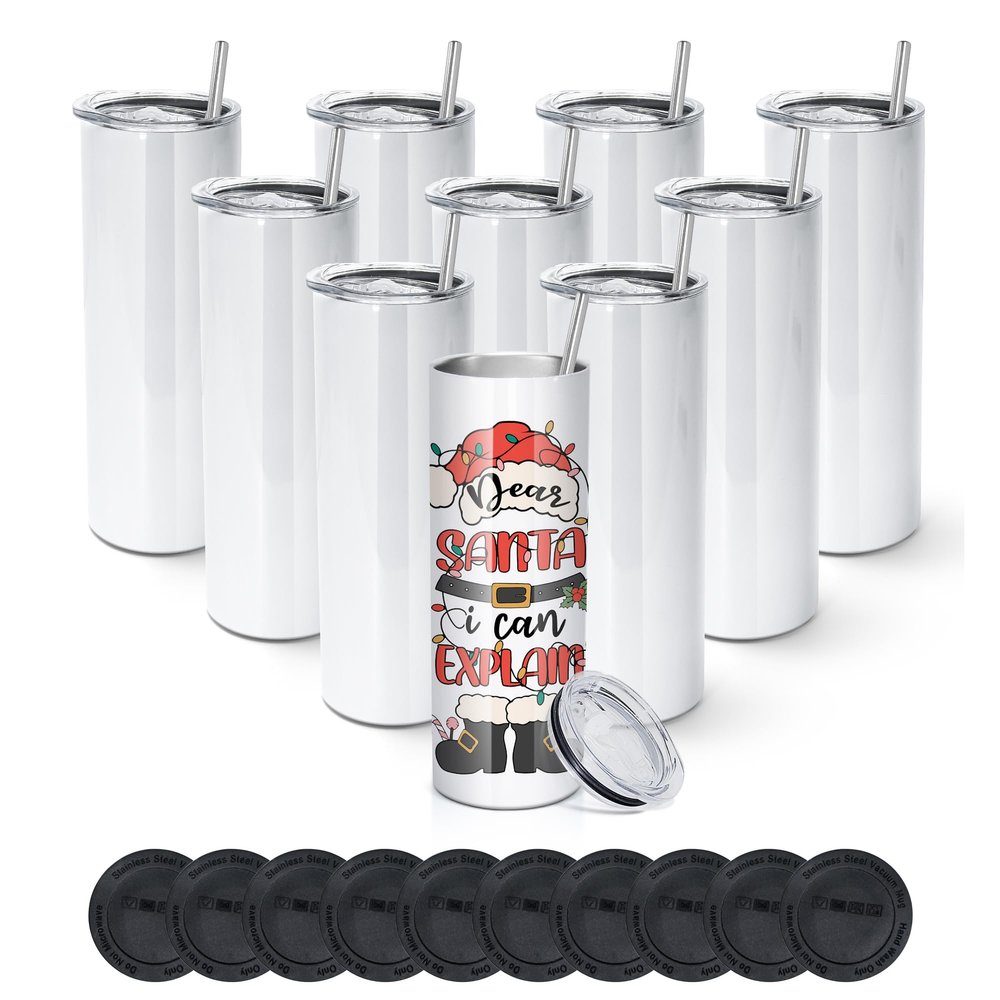 AGH 10 Pack 20 OZ Sublimation Tumblers Blank, Straight Skinny Tumbler with Metal Straw, Stainless Steel Double Layer Insulated Mug, Individually Box, Travel Tumblers