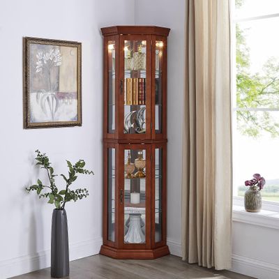 czczgx Lighted Wooden Corner Display Curio Cabinet, Curved Shelving Unit with Adjustable Shelves and Mirrored Back Panel, Tempered Glass Doors for Bedroom, Living Room (Walnut, Corner Shape)