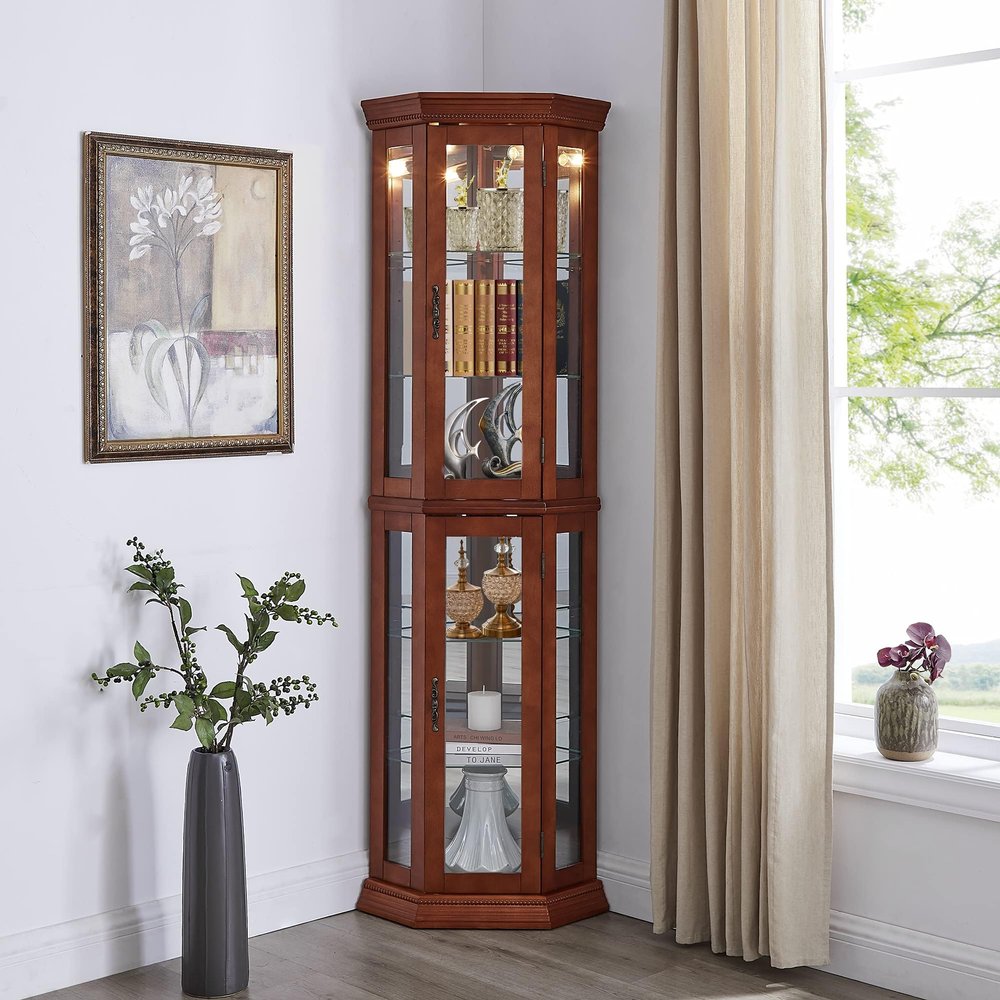 czczgx Lighted Wooden Corner Display Curio Cabinet, Curved Shelving Unit with Adjustable Shelves and Mirrored Back Panel, Tempered Glass Doors for Bedroom, Living Room (Walnut, Corner Shape)