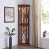 czczgx Lighted Wooden Corner Display Curio Cabinet, Curved Shelving Unit with Adjustable Shelves and Mirrored Back Panel, Tempered Glass Doors for Bedroom, Living Room (Walnut, Corner Shape) view 1