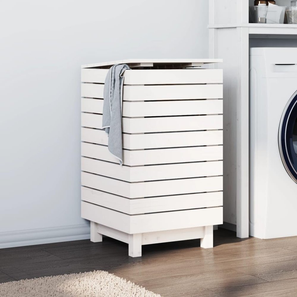 loibinfen Solid Wood Laundry Basket, Wooden Laundry Hamper, Wood Clothes Laundry Basket, White 17.3"x17.3"x29.9" Solid Wood Pine, -442