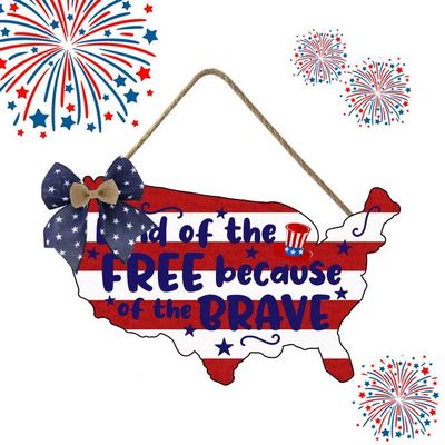 FemiaD Independence Day Front Door Sign Land of the Free Sign Wooden 4th of July Map Plaque Wreath Ornament Patriotic Hanging Welcome Door Sign for Wall Door Porch 9x14inch - Red and Blue Decoration