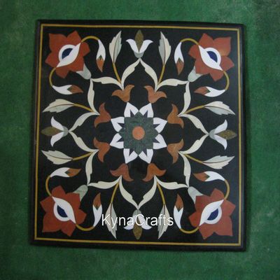 24 x 24 Inches Square Shape Black Marble Coffee Table Top Semi Precious Stone Inlay Work Center Table for Hallway Decor
