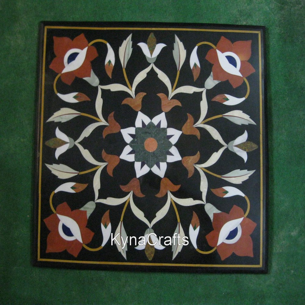 24 x 24 Inches Square Shape Black Marble Coffee Table Top Semi Precious Stone Inlay Work Center Table for Hallway Decor