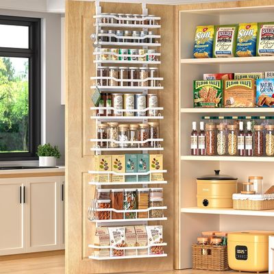 Over The Door Pantry Organizer, 9-Tier Over The Door Organizer with Adjustable Baskets, Metal Hanging Spice Rack for Pantry Organizers and Storage, Suitable for Kitchen Laundry Room & Bathroom, White