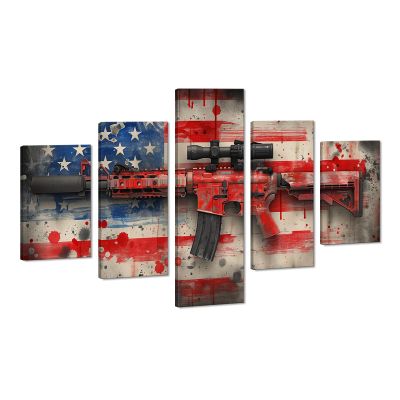 5 Panels American Flag Wall Art Military Gun Contemporary Paintings on Canvas Artwork for Modern Living Room Bedroom Home Decor Wooden Framed Stretched Ready to Hang - 60''W x 40''H