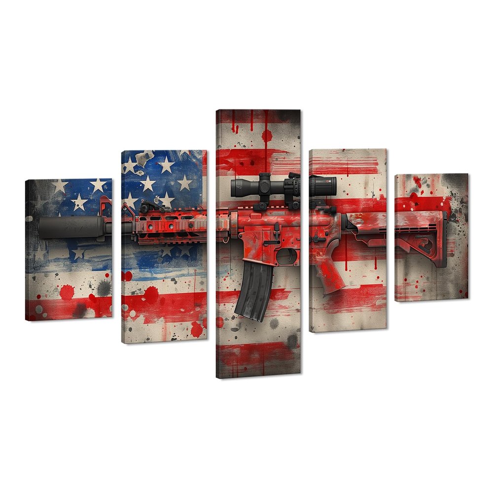 5 Panels American Flag Wall Art Military Gun Contemporary Paintings on Canvas Artwork for Modern Living Room Bedroom Home Decor Wooden Framed Stretched Ready to Hang - 60''W x 40''H