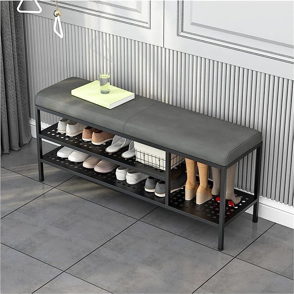 Shoe Storage Bench End of Bed Bench Shoe Cabinet Bench 3-Tier Storage Shelf with Padded Cushion Seat Steel Frame for Entryway Hallway(Size:120cm/47.2in)