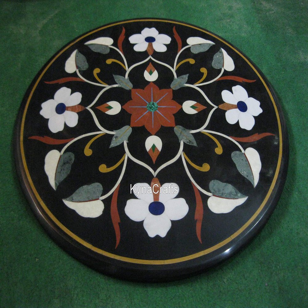 24 x 24 Inches Round Shape Black Marble Coffee Table Top Floral Pattern Inlay Work Kitchen Side Table for Restaurant and Home