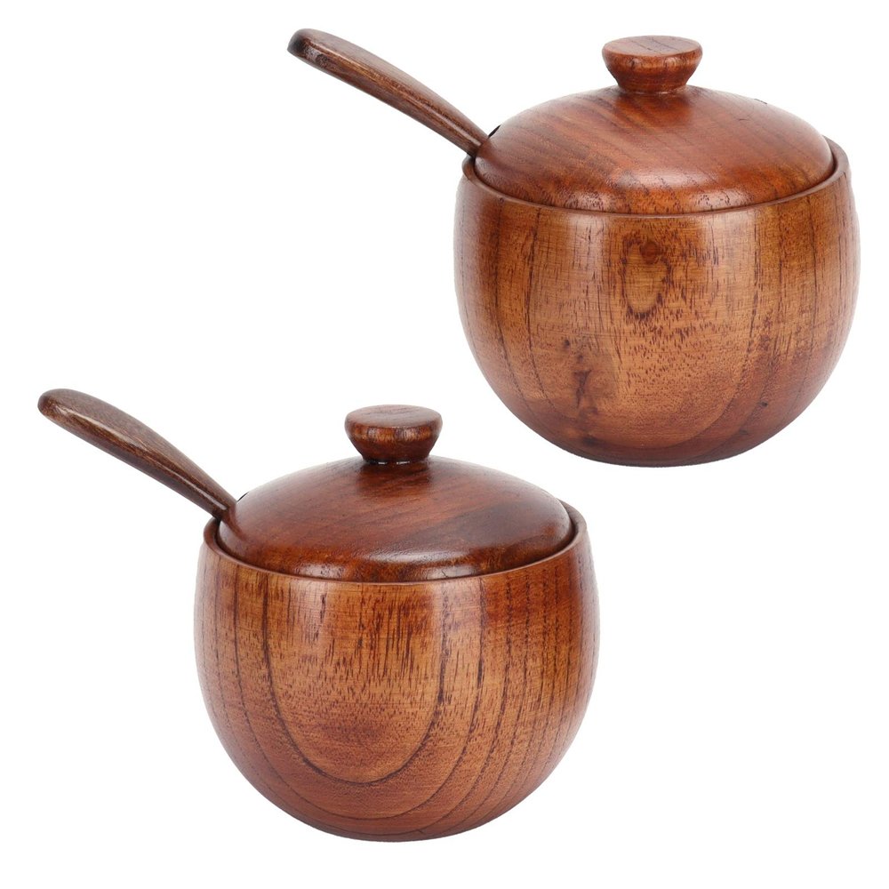 2 Set Japanese Seasoning Jars, Wooden Salt Cellar Pepper Seasoning Box, Salt Cellar with Lid and Spoon, Salt Sugar Chili Seasoning Container for Home Restaurant