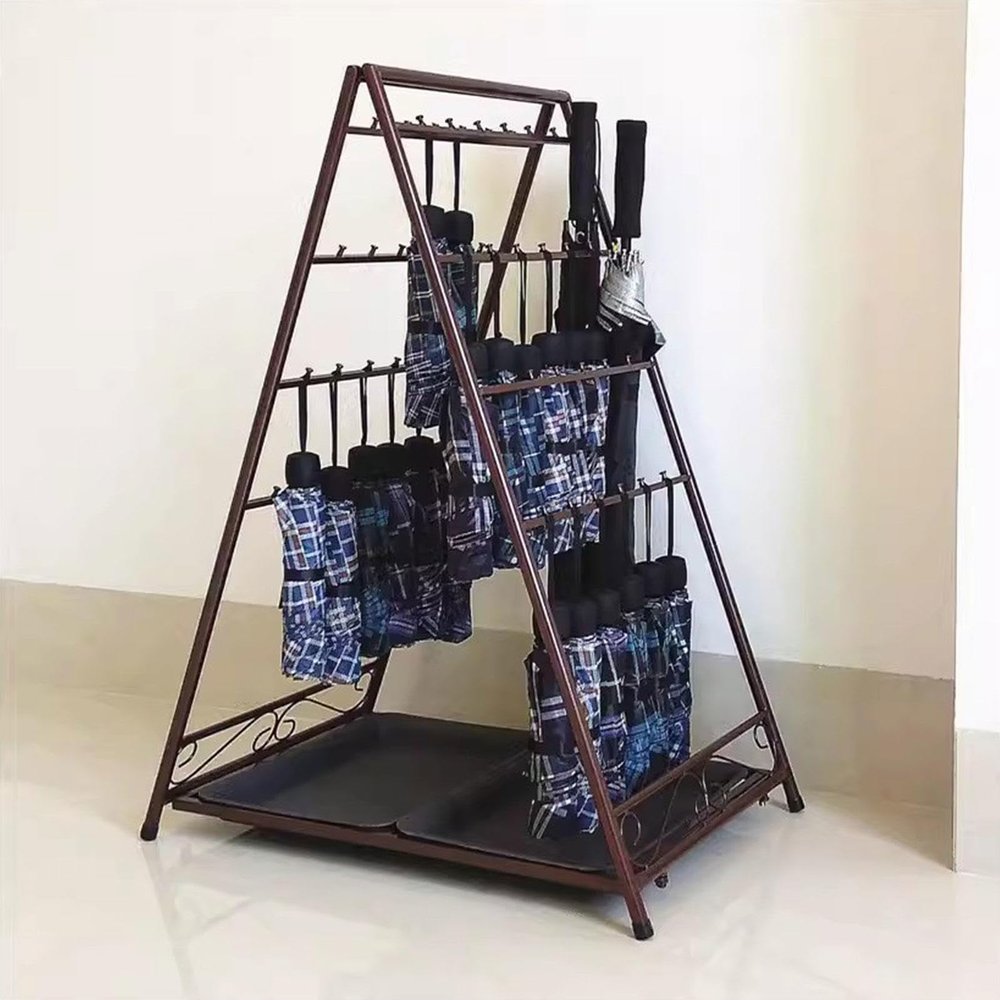 DECORN Folding Umbrella Storage Stand Rack Holder Organizer Bin Freestanding Umbrella Holder with Removable Drip Tray,Bronze-48 Hooks