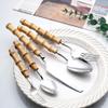 bamboo handle flatware sets for 6, 30 Piece Natural bamboo handle cutlery sets, silverware sets, dinnerware tableware set, Mirror Finished (30-Piece for 6) view 1