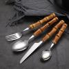 bamboo handle flatware sets for 6, 30 Piece Natural bamboo handle cutlery sets, silverware sets, dinnerware tableware set, Mirror Finished (30-Piece for 6) view 2