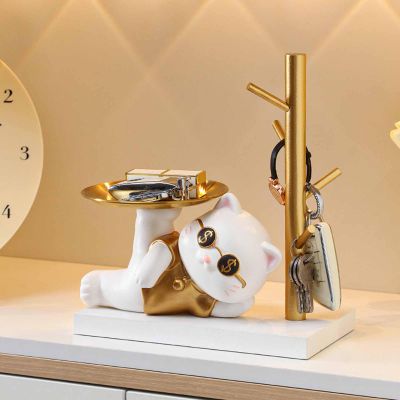 Key Bowl, Entryway Key Storage Ornament Cartoon Cute Entryway Key Holder Ornament with Tray, Key Holder Bowl for Home Decor Modern Art Dining Table Decor Office Small(Side Lying Cat 23.5x13.5x27cm)