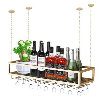 Ceiling Wine Glass Rack, Height Adjustable Hanging Wine Rack, Industrial Iron Bottle Holder Wine Shelf, Wine Storage Display Rack,for Restaurant, Bar, Kitchen Decorate ( Color : Gold , Size : 80x25x20