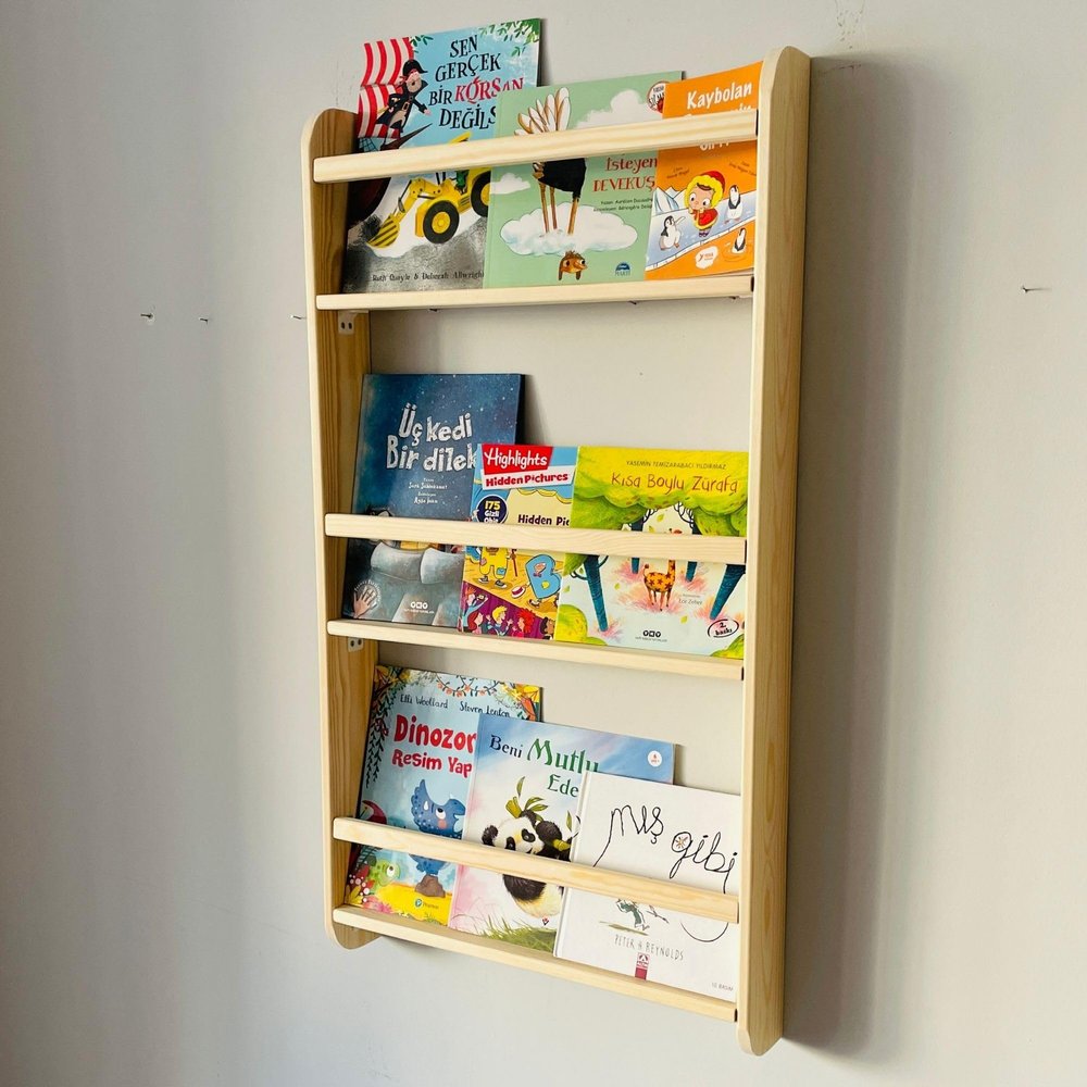 Furpinea 3 Tier Natural Wood Handmade Montessori Kids Bookshelf Wall Mounted Children Bedroom, Nursery (Narrow 13" Width, Mahogany)