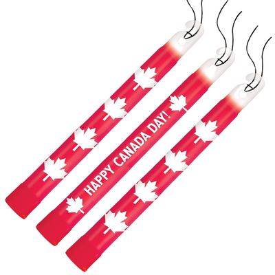 Amscan Eye-catching Red & White Happy Canada Day Printed Glow Sticks - 6" (Pack of 3) - Unique & Stunning Design, Ideal for Canada's National Day & Themed Events