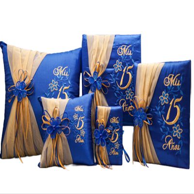 Lassos Boutique 5 Piece Quinceanera Set Mis Quince Set with Kneeling Pillow, Tiara Pillow, Guestbook, Photo Album, Spanish Bible, My Sweet 15 Decorations (Royal Blue/Gold with English Bible)