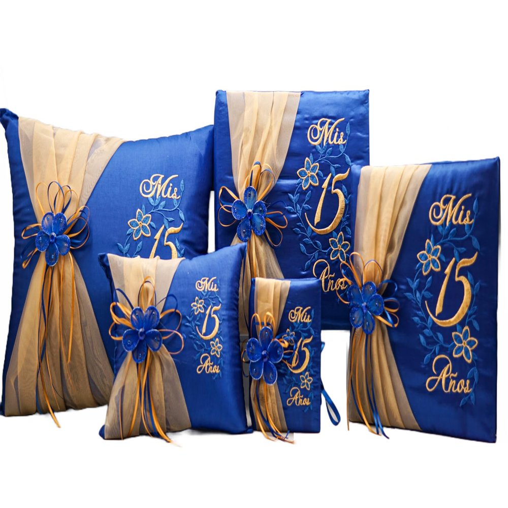 Lassos Boutique 5 Piece Quinceanera Set Mis Quince Set with Kneeling Pillow, Tiara Pillow, Guestbook, Photo Album, Spanish Bible, My Sweet 15 Decorations (Royal Blue/Gold with English Bible)