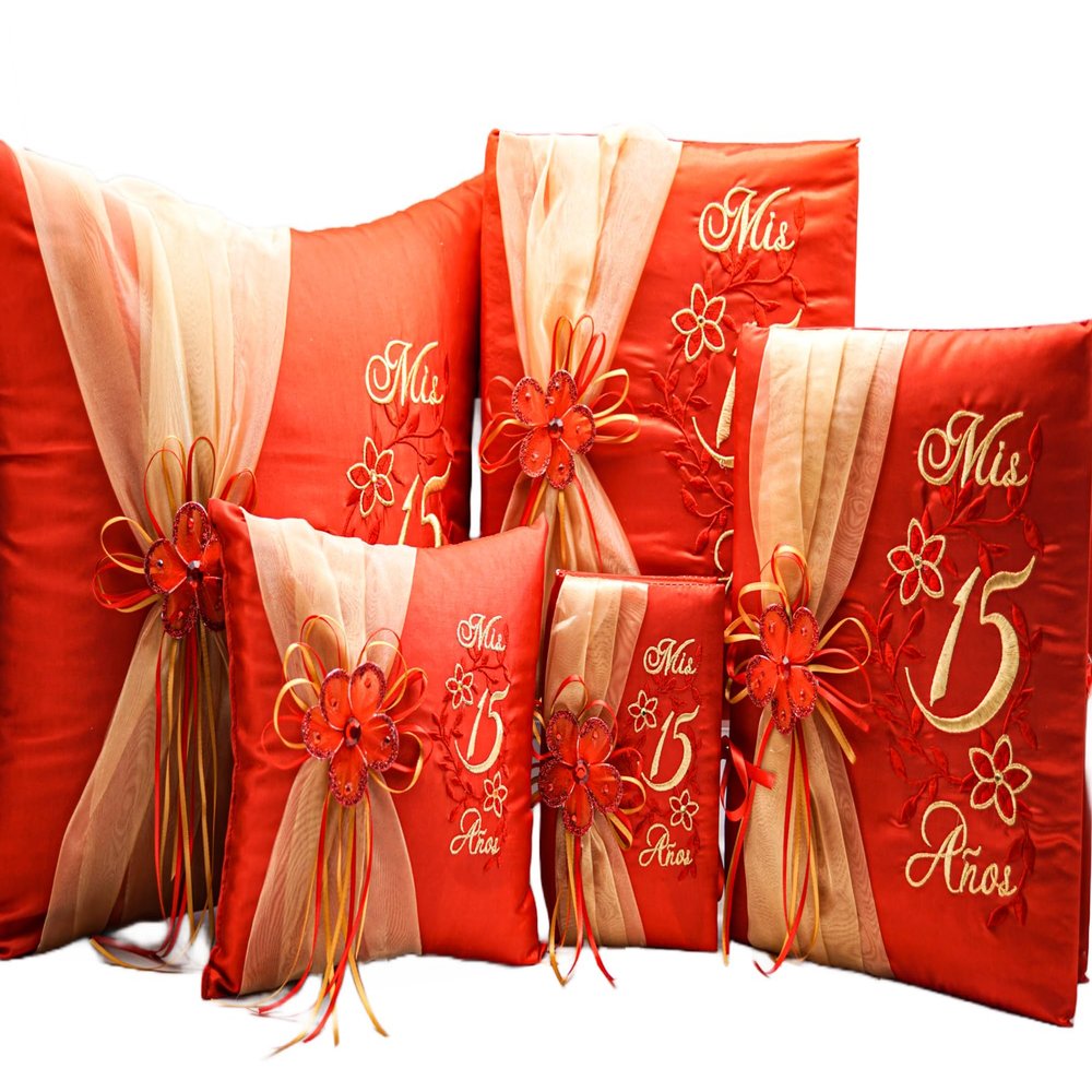 Lassos Boutique 5 Piece Quinceanera Set Mis Quince Set with Kneeling Pillow, Tiara Pillow, Guestbook, Photo Album, Spanish Bible, My Sweet 15 Decorations (Red/Gold with English Bible)