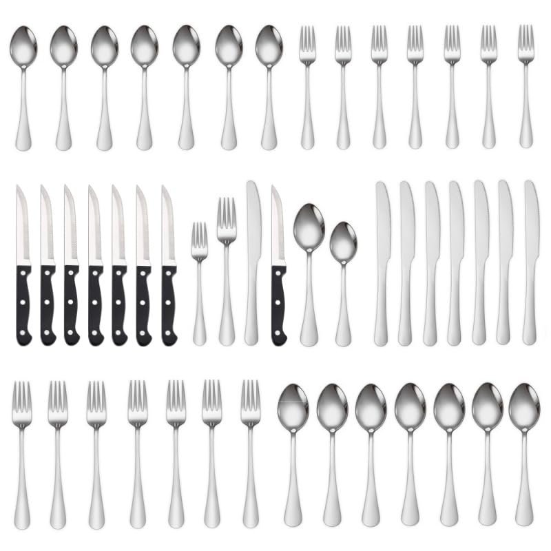 ONUIFIKE Silverware Set, 48-piece Stainless Steel Cutlery Set, Steak Knife, Table Knife, Main Table Spoon, Fork, Dessert Spoon Set, Cutlery Flatware Set (Color : Silver)